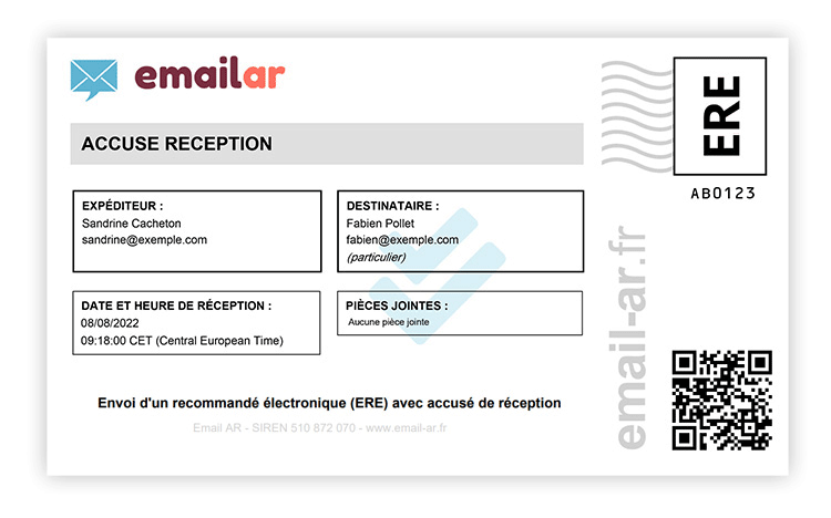 Exemple d'un accusé de réception électronique par Email AR