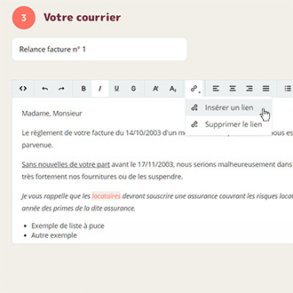 Ajouter un lien sur du texte de son courrier recommandé électronique